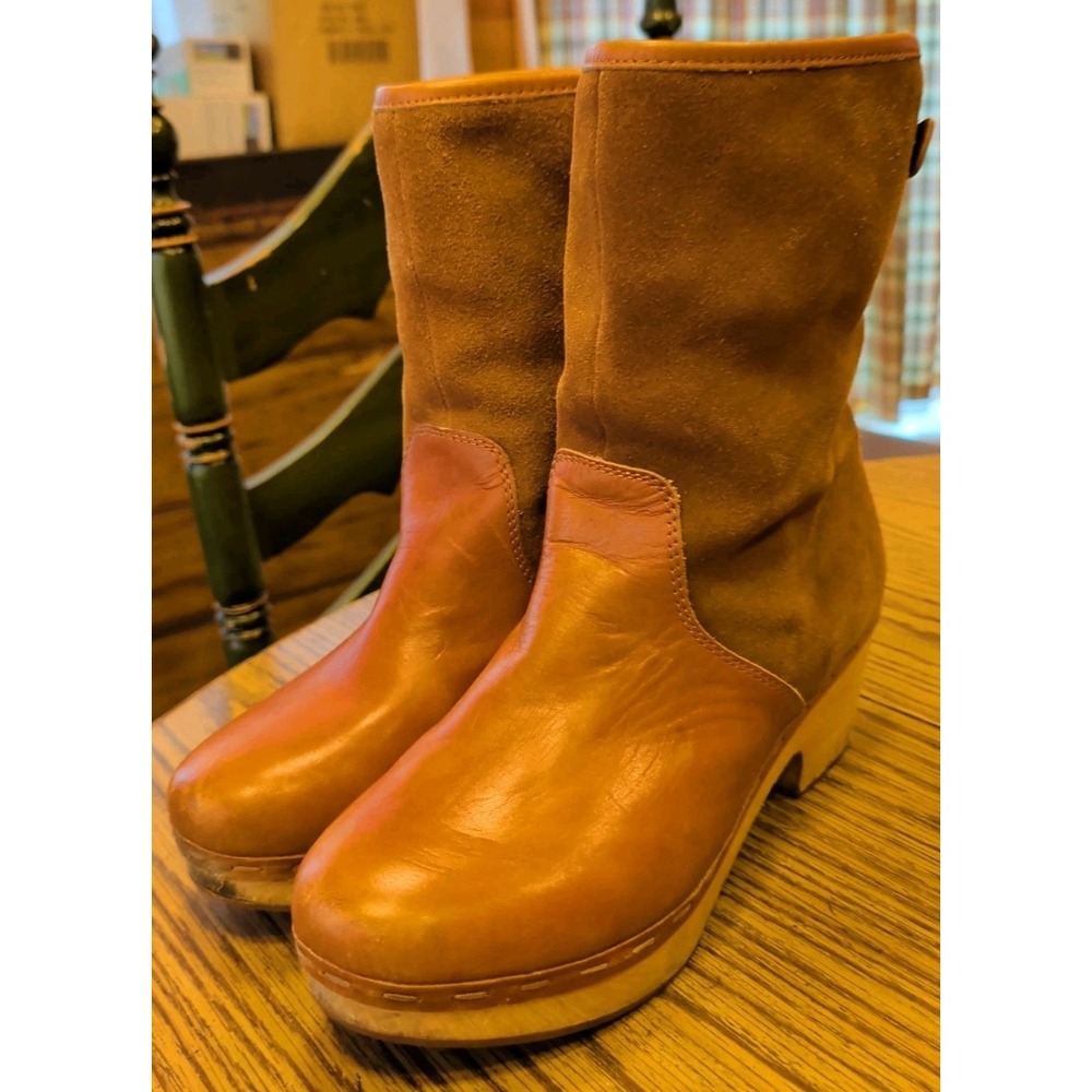 Frye Odessa Cuff Leather Suede Wood Clog Platform Ankle Boots Brown Women's 9